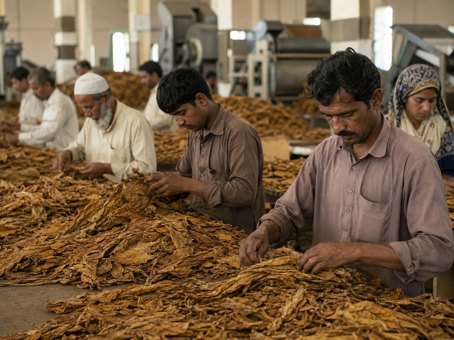 Workers grading and sorting cured golden-brown tobacco leaves on a processing floor